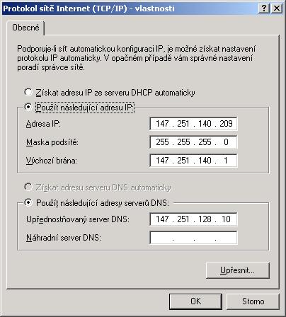 Ukázka konfigurace sítě ve Windows Konfigurace podle sítě