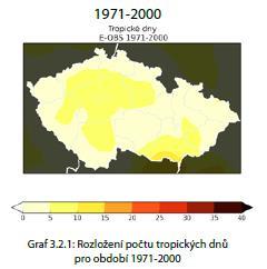 V ČR se v období 1971-2000 tropické dny na rozdíl od dnů letních 12 téměř nevyskytovaly v horských oblastech - viz srovnání letních a tropických dnů na obrázku 7.