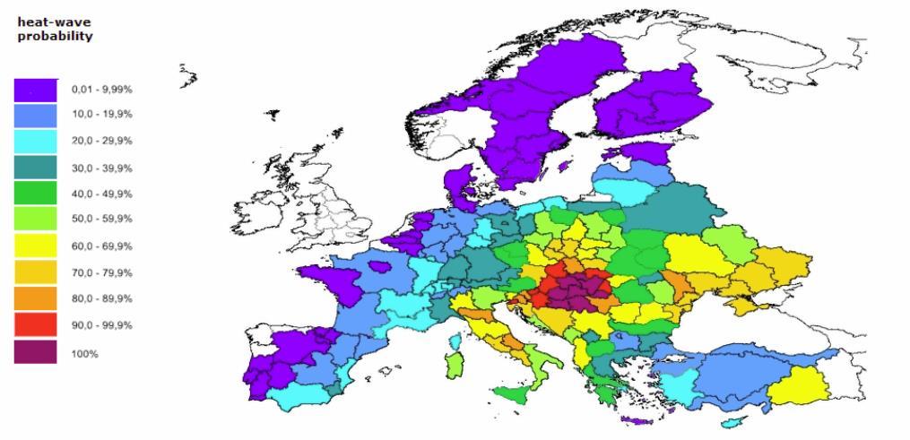 Obrázek 10: Pravděpodobnosti výskytu horkých vln Zdroj: EU, JRC Urbanizovaná krajina a zdraví a hygiena - V urbanizovaných oblastech s velkou hustotou obyvatelstva jsou extrémně vysoké teploty