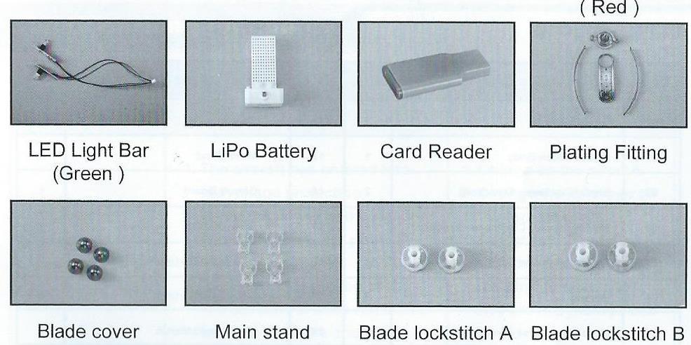 Lampshade- kryt světel Wrench- montáţní klíč LED light bar green- LED světla zelené LiPo battery- lithiová baterie Card Reader-čtečka karet Plating