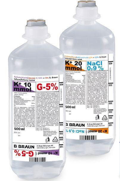 ! 10 mmol KCl v 500ml fyziologického roztoku nebo G5% Kaliumchlorid 0,15%/Chlorid sodný 0,9%, inf. sol.