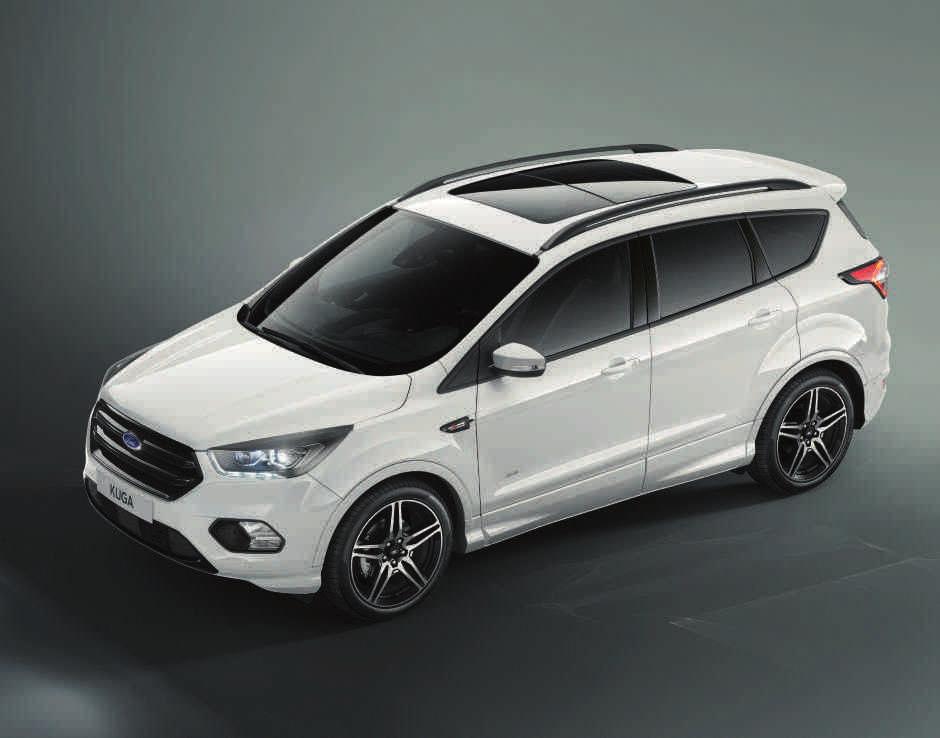 FORD KUGA Kola a pneumatiky Na obrázku je model Ford Kuga ST-Line v nemetalické barvě karoserie Frozen White s velkým zadním spoilerem a 19 palcovými litými koly(výbava na přání).