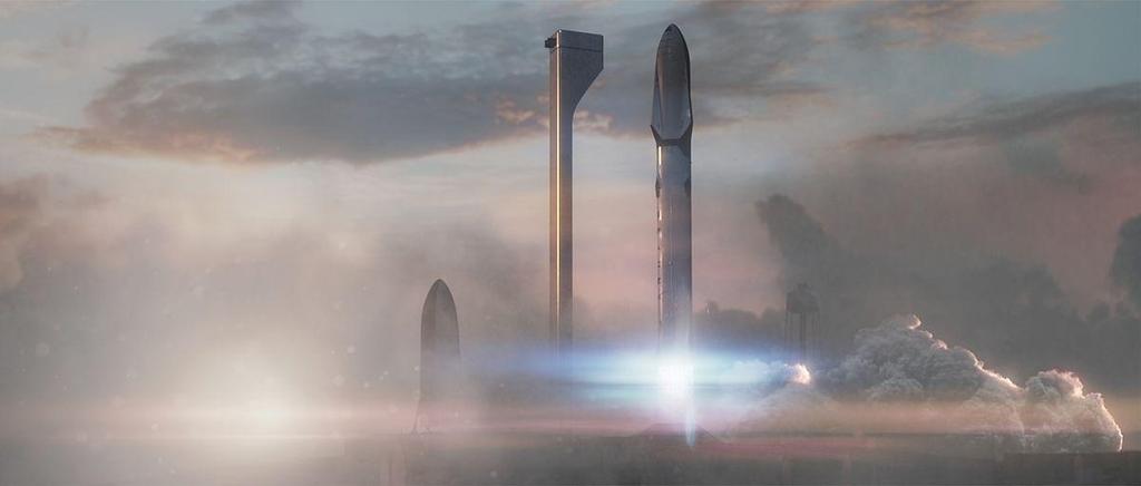 Obr. 4-8. zachycuje animaci startu boosteru s vesmírnou lodí. V levé části obrázku je vidět cisterna, připravená k vynesení na oběžnou dráhu a dotankování lodi. 4.3. Blue Origin Obr. 4-8. Interplanetary transport system, [62] Společnost Bue Origin byla založena Jeffem Bezosem v polovině roku 2000.
