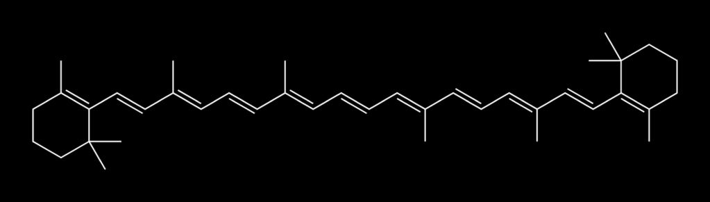Karotenoidy isoprenoidy, základní skelet obsahuje 40 uhlíků světlosběrná