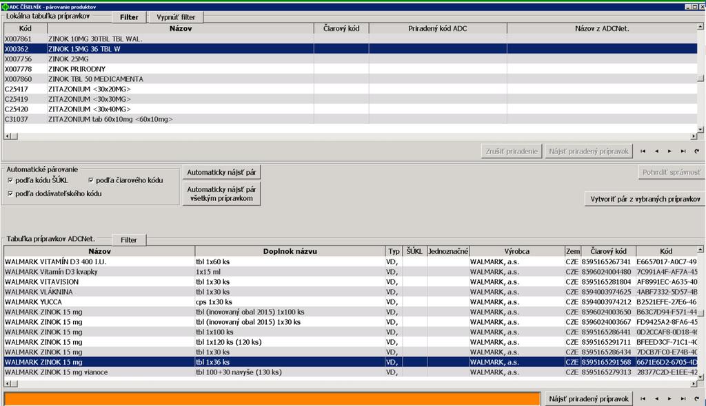2.4 Párovanie Číselníka prípravkov s ADC Číselníkom z menu V okne ADC Číselník- párovanie produktov máte možnosť: automaticky nájsť pár ADC Kódov ku všetkým skladovým kartám na základe ŠÚKL kódov,