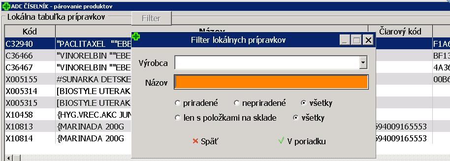 2.2.4 Výber skladových kariet bez ADC Kódov Skladové karty prípravkov bez priradeného ADC Kódu si môžete v lokálnej tabuľke prípravkov vyfiltrovať a týmto postupne hľadať zodpovedajúce páry v ADC