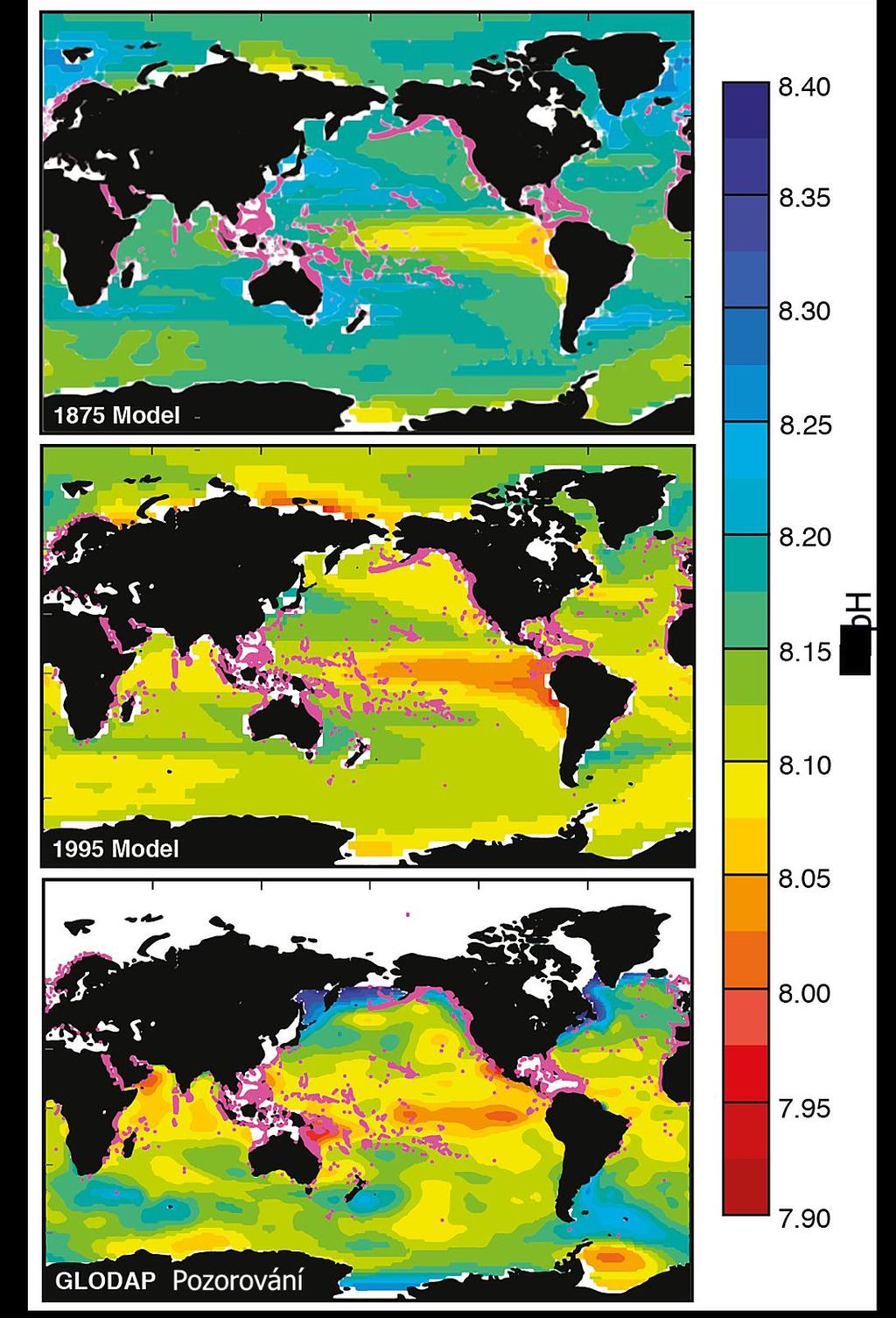 Obr. 5.9: Modelované dekádní průměrné hodnoty ph na povrchu moří pro roky 1875 (nejvyšší obrázek) a 1995 (prostřední obrázek).