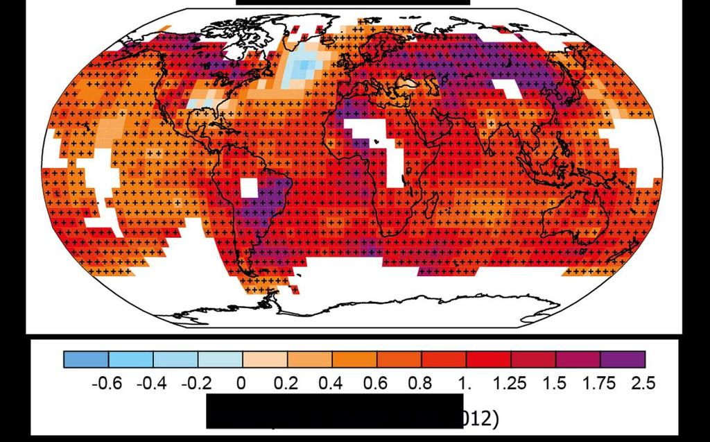 Obr. 5.4: Globální roční průměrná teplota povrchu (kombinovaná teplota pro souše a moře). Graf znázorňuje teplotní odchylky vztažené k období 1961 1990.