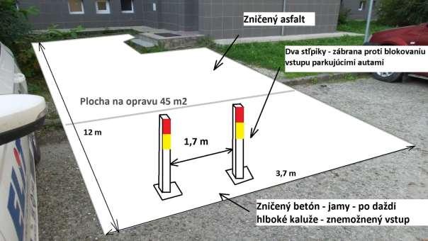 Timravy 950 / 11 až 15 (160 bytov) prostredníctvom svojho zástupcu vlastníkov bytov a nebytových priestorov podávajú žiadosť na opravu plôch pred uvedeným domom z dôvodu ich poškodenia a zlého stavu.