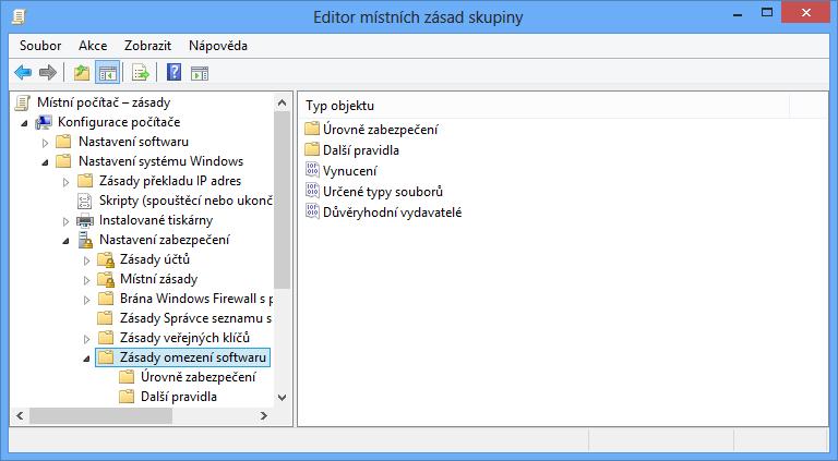 Zásady omezení softwaru Nastavení v zásadách