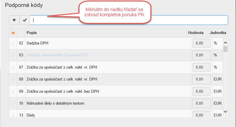 Zakliknutím hviezdičky v ľavom hornom rohu vyhľadávacieho poľa sa zobrazia podporné kódy, ktoré sú v