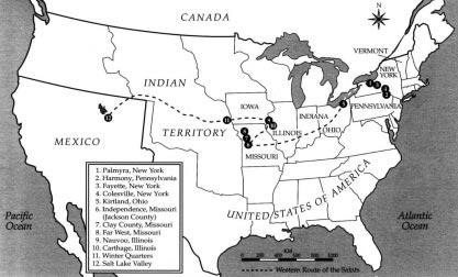 Mapa s místy dùležitých událostí mormonské historie. Pøevzato z publikace Our Heritage.