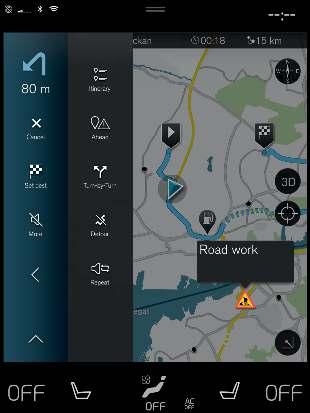 Symboly a tlačítka na mapě* Na mapě na středovém displeji se zobrazují symboly a barvy, které informují o různých cestách a o oblasti kolem vozidla a trasy.