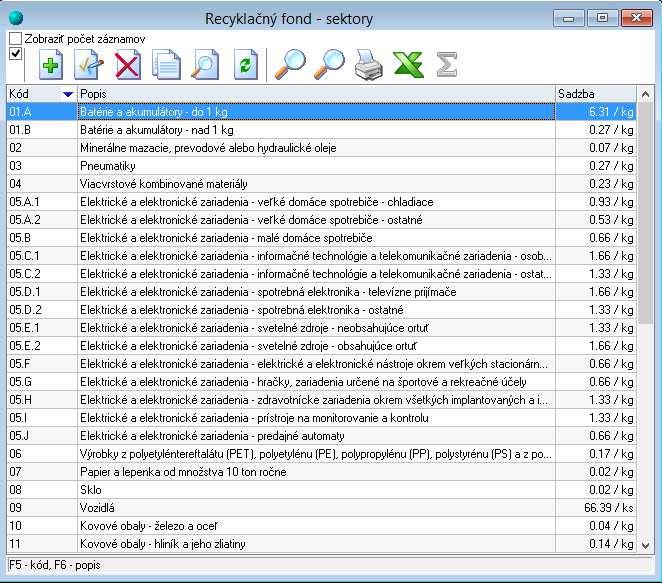 V číselníkoch programu sa nachádza číselník sektorov recyklačného fondu, ktorý sa zobrazí prostredníctvom menu - Číselníky Sklad Recyklačný fond - sektory.