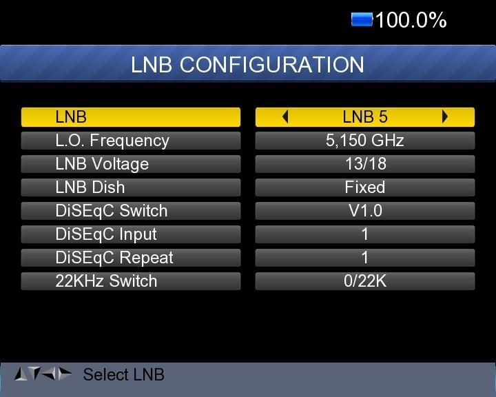 a. LNB: Pomocí tlačítka <Vlevo / Vpravo> vyberte LNB b. L.O. Frekvence: Zadejte správnou frekvenci LNB, která odpovídá vašemu LNB, pomocí číselného tlačítka na klávesnici. c.