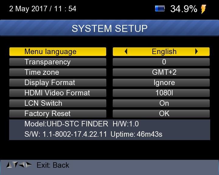 1) Jazyk nabídky: Stisknutím tlačítka <Left / Right> vyberte požadovaný jazyk nabídky 2) Transparentnost: Stisknutím tlačítka <Left / Right> nastavte OSD průhlednost všech menu přijímače.