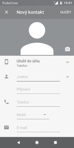 Stisknutím uložíte změny. Stisknutím pořídíte fotografii nebo vyberete obrázek ke kontaktu. Stisknutím přidáte nový štítek. Po dokončení úprav uložíte kontakt stisknutím možnosti ULOŽIT.