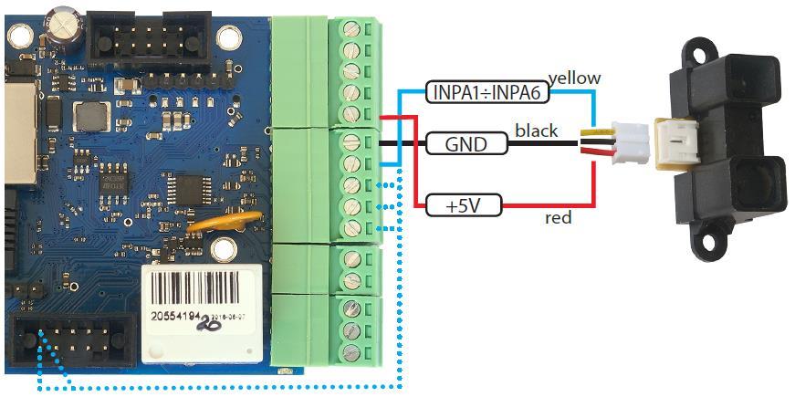 Senzor se připojuje na analogové vstupy INPA1 až INPA4 v rozsahu 3,3V. Přes den je udávané napětí blízké 0, ale s poklesem osvětlení bude výrazně růst, až na zhruba 2,9V při úplné tmě.