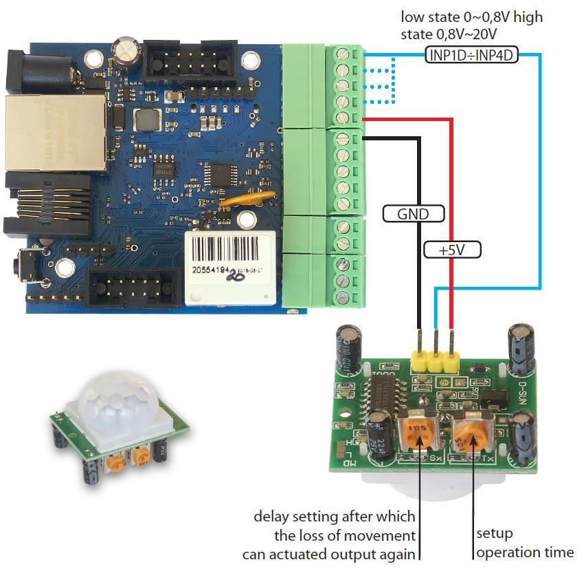 11. Zapojení pohybového senzoru PIR čidla Vidíme svět bez drátů. Snímač používá analýzu infračerveného záření. Logický výstup s nízkou úrovní stavu je klidovým stavem odpovídající napětí 0-0,8V.