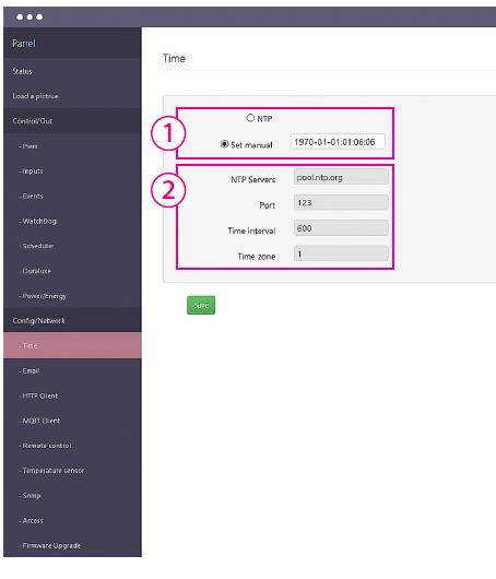 Config / Time 1. datum a čas (nastavený manuálně) nebo automaticky dle nastaveného NTP serveru. 2.