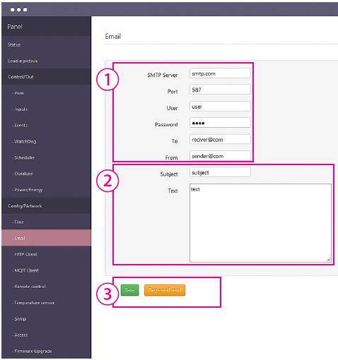 zóna poledníku (Greenwich). Pro ČR/SR zadejte číslo 1 (GMT+1). Config / Email 1. Údaje SMTP zadejte dle informací od Vašeho poskytovatele internetu. 2.