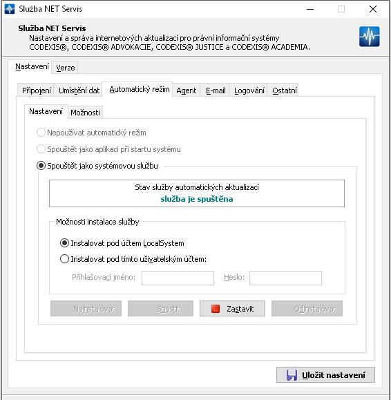 Pro spuštění automatického režimu stačí změnit volbu Nepoužívat automatický režim na Spouštět jako aplikaci při startu nebo Spouštět jako systémovou službu.