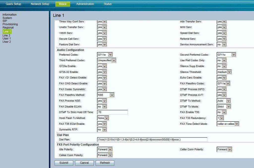 Audio Configuration: Prefered Codex G711a i pro Fax (vpravo níže) DTMF Tx Method ponechejte Auto Nastavení dialplanu (způsobu vytáčení) : Pokud si nezadáte správný dialplan, můžete dlouho čekat, než