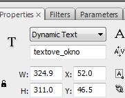 Ďalšie nastavenie sa týka fontu a textu a samozrejme aj veľkosti a farby textu. Dynamické textové pole (textový kontajner) je pripravené na zobrazovanie textového obsahu z externého súboru text.txt.