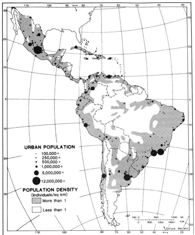 Rozmístění obyvatelstva Nerovnoměrné Větší hustota: pobřeží, Andy, Střední Amerika, Karibik Hustě zalidněné jsou i některé semiaridní a aridní oblasti (oázy