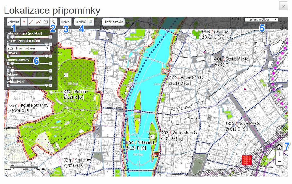 Okno lokalizace Uživatelská příručka Připomínkování územního plánování Obrázek 13: Okno lokalizace V okně lokalizace lze vyhledávat, prohlížet, měřit, případně zakreslit Vámi požadovanou změnu přímo
