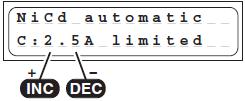 Automatický program NiCd V tomto programu nabíječka automaticky detekuje typ připojeného akumulátoru NiCd a nastaví podle toho nabíjecí proud, aby nedošlo přebití akupacku.