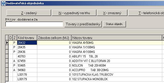 A ako absentované- teda tovar, ktorý dodávateľ nemá, alebo len nemá požadované množstvo. Pri položkách s príznakom A môžeme priradiť iného dodávateľa a odoslať mu elektronicky objednávku. Obrázok 3.