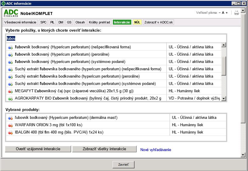 Obrázok 5.9 Zobrazenie nájdených vzájomných interakcií V prípade, že niektoré z expedovaných produktov pacient neužíva (sú určené pre niekoho iného), zo zoznamu pre overovanie interakcii ich vylúčte.