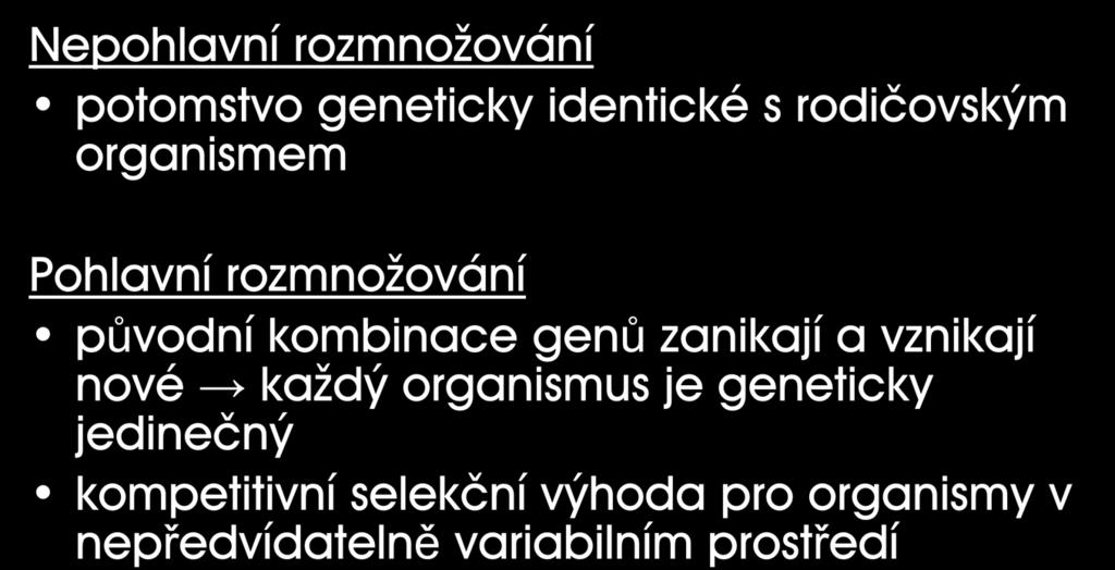 Způsoby rozmnožování eukaryot Nepohlavní rozmnožování potomstvo geneticky identické s rodičovským organismem Pohlavní rozmnožování původní kombinace