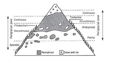Obr. 1: Schematický diagram zobrazující periglaciální zónu v alpínské oblasti (Continuous souvislý, Discontinuous nesouvislý, Sporadic sporadický permafrost) Zdroj: French (2007) Permafrost se podle