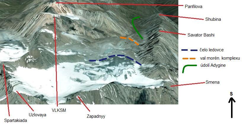 Obr. 4: Údolí Adygine s nejznámějšími vrcholy Zdroj: Aplikace Google Earth (2012) Tab.