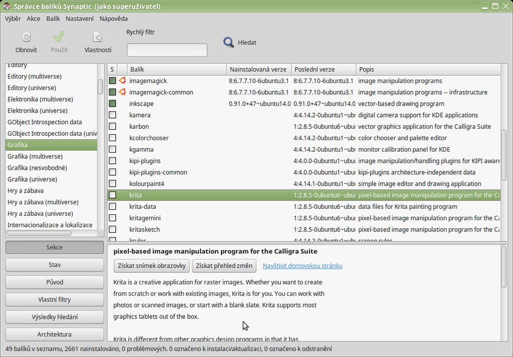 Kapitola 2 Linux 15 Obrázek 2.1: Správce balíčků Synaptic v Linux Mint Repozitář však může být i jiný než databáze příslušející k určité distribuci.