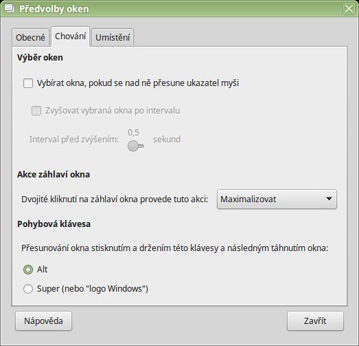 Kapitola 3 Práce v grafickém uživatelském rozhraní 29 Chování oken se konfiguruje v nástroji Okna (v titulku okna je Předvolby oken) kdy má okno získat zaměření (výchozí je po zaktivnění okna