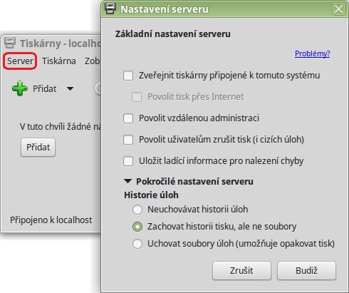 menu), můžeme přidat novou tiskárnu a taky nastavujeme obecné vlastnosti tiskového serveru (tj. vlastnosti zařízení, ke kterému máme připojenou tiskárnu).