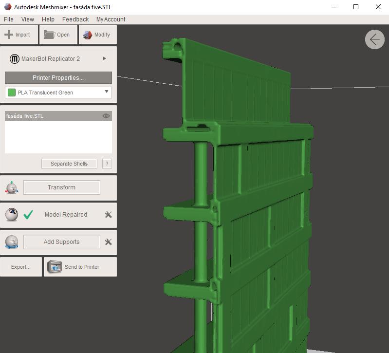 Obrázek 44: Opravený model v Autodesk Meshmixer Zdroj: Vlastní tvorba/ model vlastní SKANSKA a.s. Vzhledem k vetší názornosti jsem pro ukázku opravy modelu v programu Autodesk Meshmixer použil výřez z fasády.