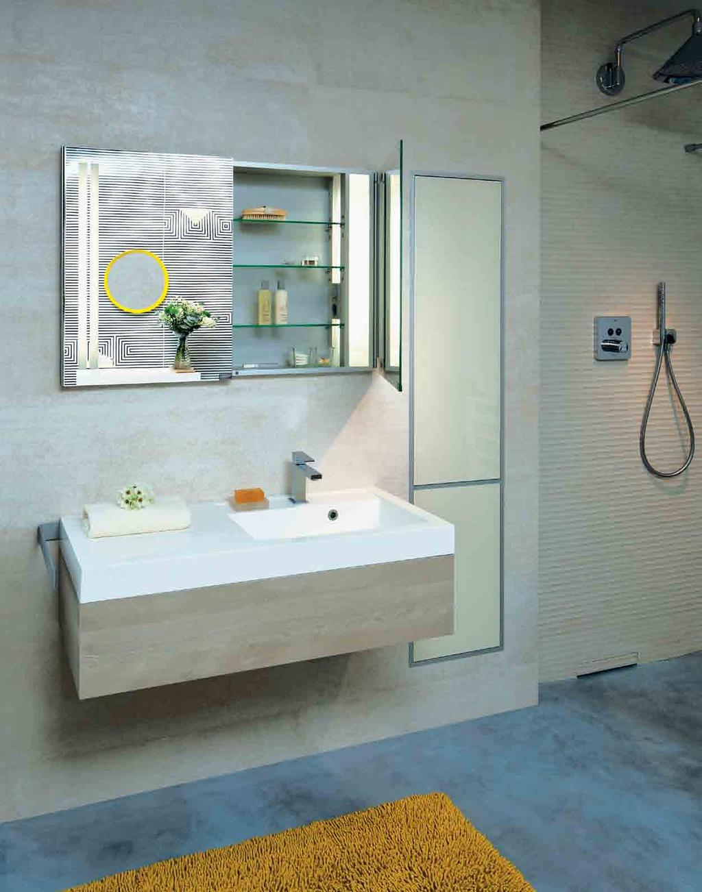 VESTA Alluminium bathroom and WC furniture Wall-mounted and built-in design, aluminium silver satin anodized water-resistant corpus, double-sided doors - outside colour LACOBEL glass RAL 9003 /