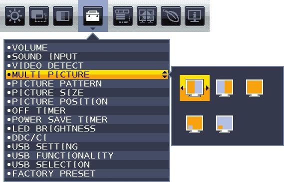 Použití funkce MULTI PICTURE (Více obrazů) Tento monitor umožňuje rozdělit obrazovku na dva obrazy dvou zdrojů za použití jakékoli kombinace vstupů uvedené na strana 17.