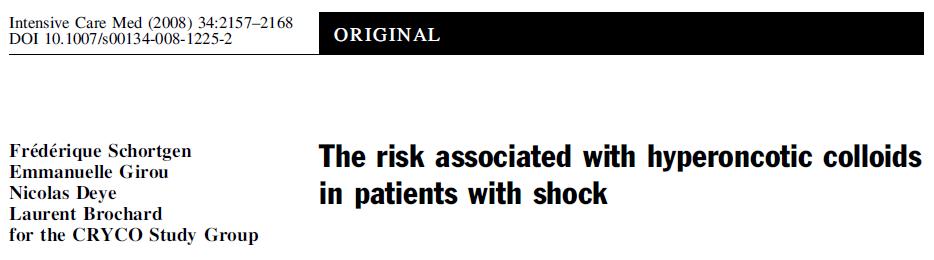 Mezinárodní, prospektivní, observační kohortová studie 1013 pacientů s šokem, vyžadující tekutinovou resuscitaci na ICU (1) crystalloids only (2) hypooncotic colloids (gelatins and/or 4% albumin)
