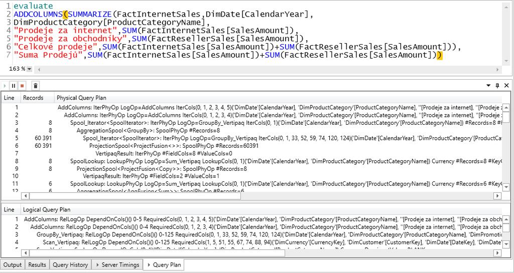 Testování výkonu v DaxStudio Fyzický query