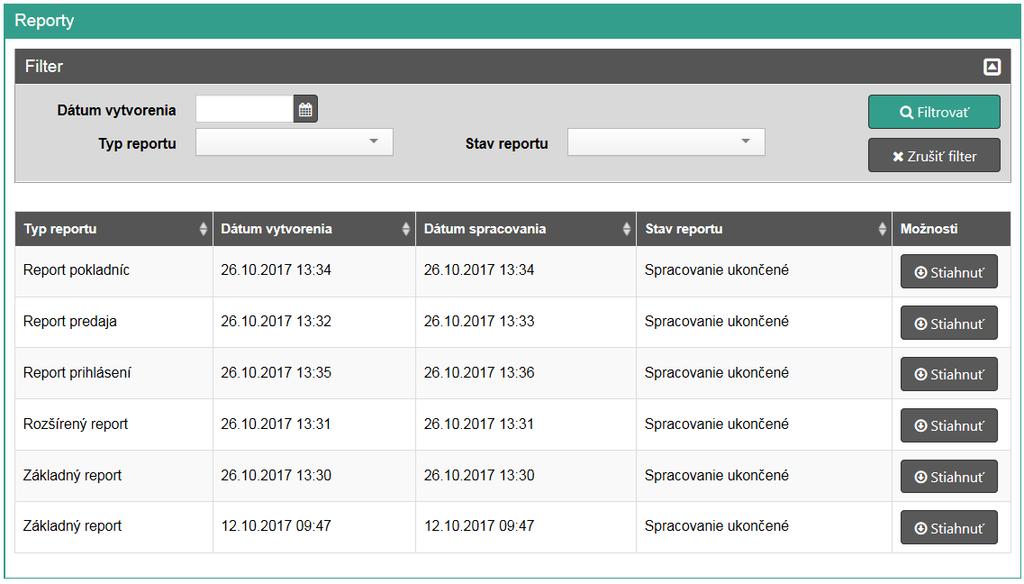 Strana 89 / 113 Report prihlásení zobrazuje podrobnosti o prihlásení za zvolené obdobie. Vytvoriť nový report môže podnikateľ po kliknutí na tlačidlo Reporty v základnom menu.