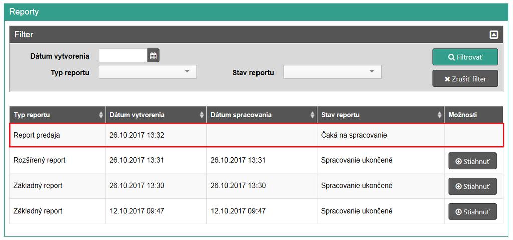 Strana 94 / 113 Obrázok 94: Report predaja zaradený na spracovanie Pre stiahnutie reportu klikne podnikateľ na tlačidlo Stiahnuť a report sa stiahne na lokálne úložisko. 3.9.5 Vytvorenie a stiahnutie reportu pokladníc Vytvoriť nový report pokladníc môže podnikateľ kliknutím na tlačidlo Reporty a vybratím položky Nový report v základnom menu.