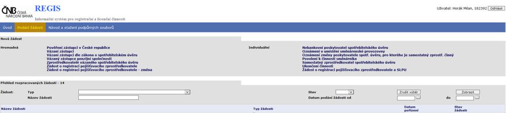 Po zadání PINu k certifikátu, případně i bez zobrazení tohoto mezikroku dojde k přihlášení do aplikace, kde jsou dostupné nabídky