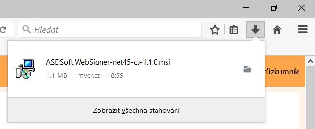 c/ Zobrazí se hlášení o stažení souboru, klikněte na tlačítko Uložit soubor : d/ V pravém horním rohu prohlížeče Mozilla Firefox klikněte na ikonu Zobrazí průběh