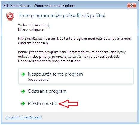 Zobrazí se další varovné okno filtru SmatrScreen, že tento program může poškodit Váš počítač (Obrázek 5).