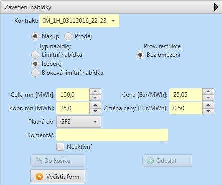 Typy nabídek ICEBERG Hodinová nabídka kontrakt v délce 1 hodiny U nabídky Iceberg je zveřejněna jen definovaná část z celkového množství nabídky.